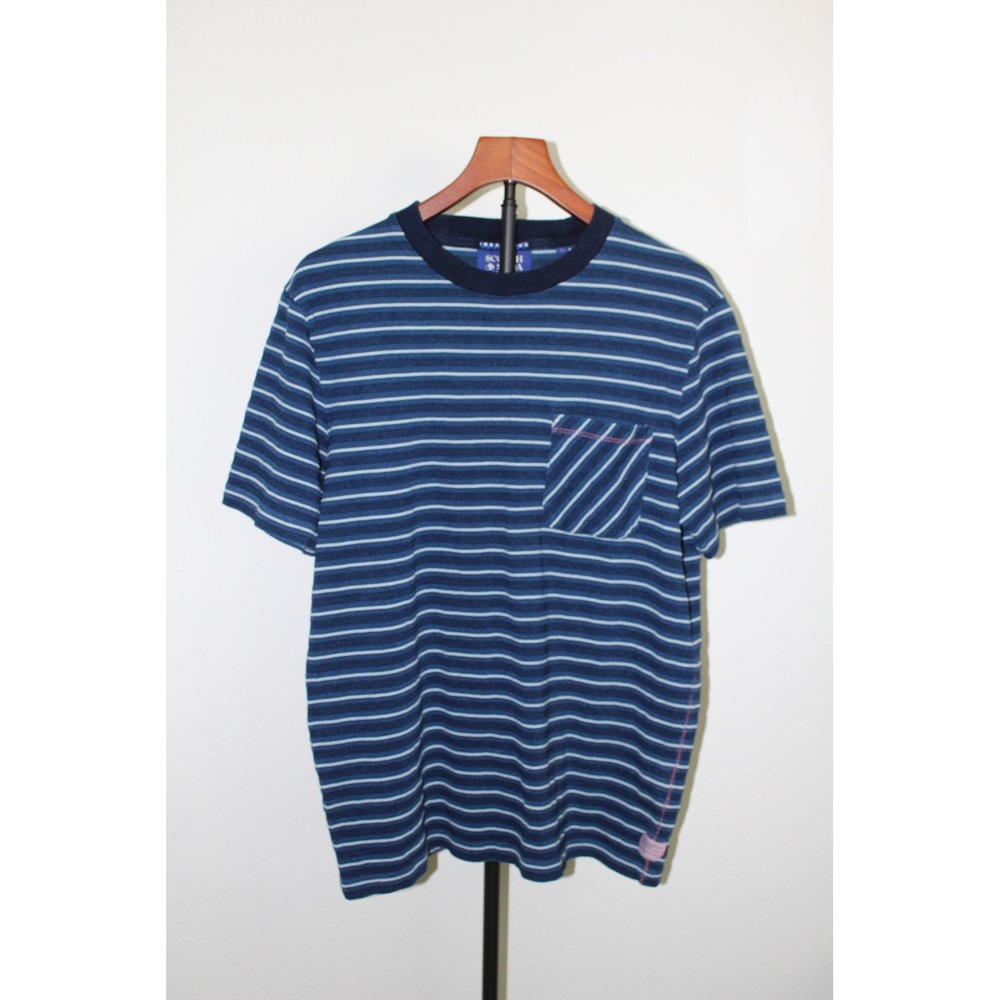 Scotch & Soda Men;s Blue Striped Organic Cotton Pocket Textured T-Shirt Size M